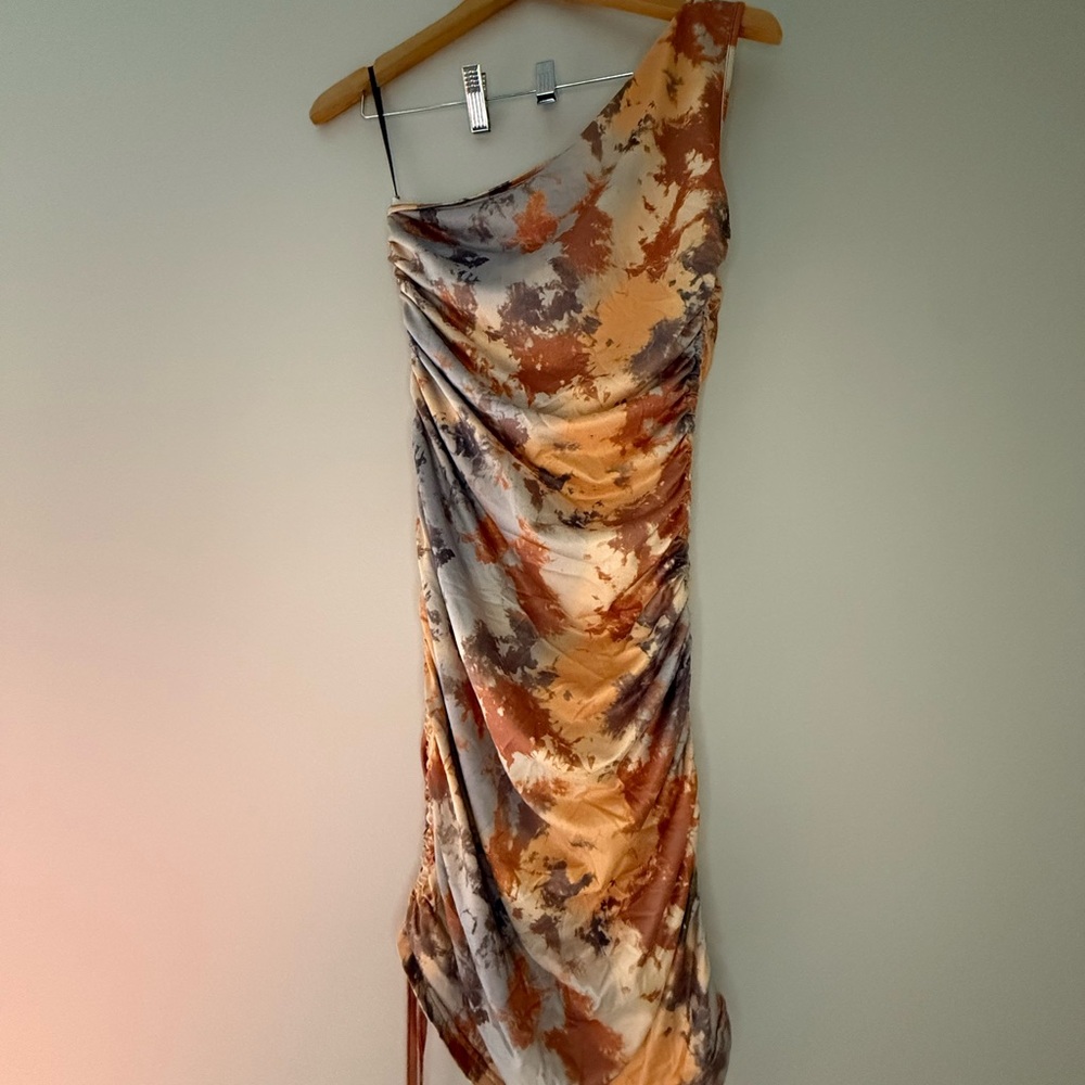 Vibrant Orange Gray Asymmetrical One Shoulder Dress